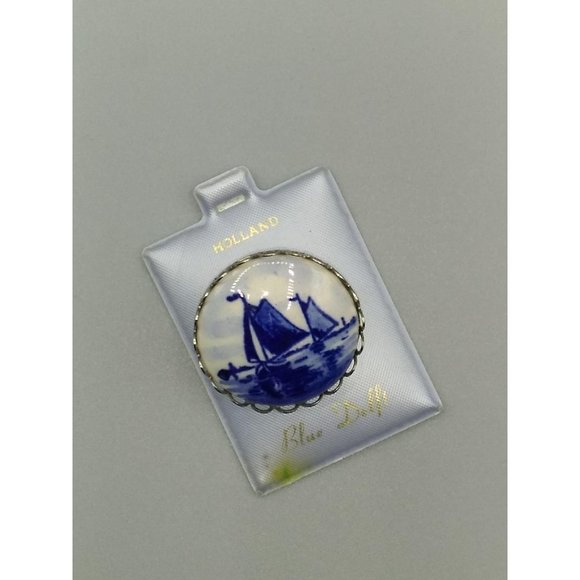 Delft Jewelry - Vintage Blue Delft Holland Brooch, Blue Boats Pin